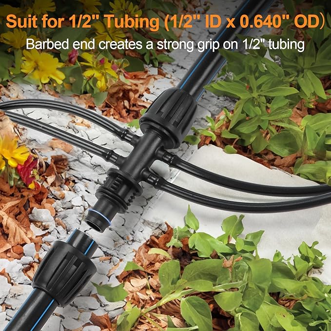 12 Pcs 1/2 inch to 1/4 inch Drip Irrigation Tubing Fittings, 1/2" Drip Tubing (1/2" ID x 0.65" OD) to 4 Way 1/4" Irrigation Tubing Locked Barbed Reducing Tee Connectors for Garden Systems-BloomoryGarden