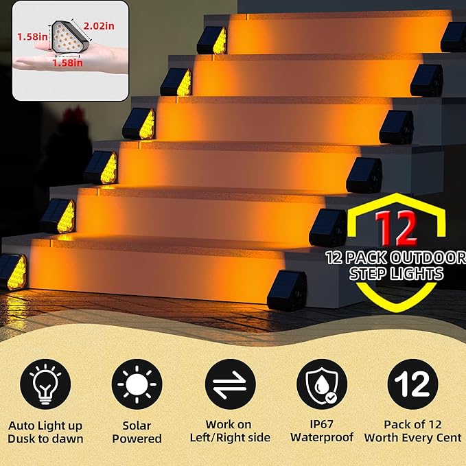 12-Pack Solar Step Lights, Solar Powered Outdoor Waterproof IP67, Auto On Off, Dusk to Dawn LED Stair Lights for Outside Garden, Deck, Front Step, Front Porch, Pathway, Patio-BloomoryGarden