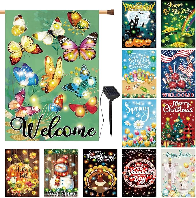 12 Pcs Solar Seasonal LED Garden Flags 28 x 40 Inch Double Sided Yard Flags Spring Easter Halloween Fall Thanksgiving Day Decorations Welcome Garden Flag Lawn Yard Outdoor Holiday Decoration-BloomoryGarden