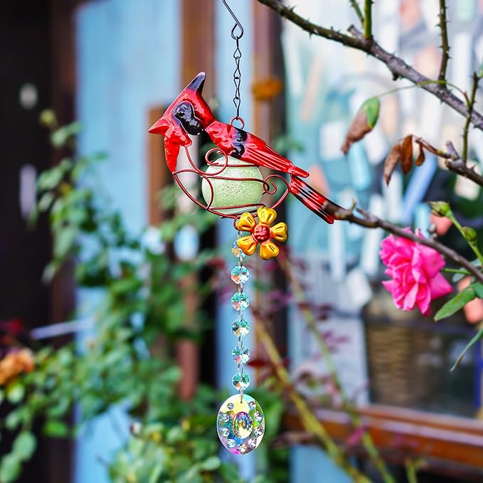 13inch Stained Metal Cardinal Birds Sun Catcher Decorative Window Hanging Ornament Crystals Prism Suncathers Red Bird for Home Garden Decor-BloomoryGarden
