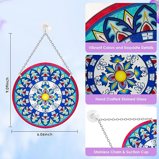 Mandala Suncatcher Stained Glass - Handmade Gifts for Women, Suncatchers for Windows - Window Hangings with Chain and Hook, 6 inch Stained Glass Suncatcher for Mom-BloomoryGarden