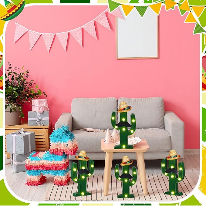 12 Pcs Cinco de Mayo LED Cactus Light with Mini Sombrero Straw Hats and Fake Beard Cinco De Mayo Table Decor Mexican Party Supplies for Table Room Bedroom Party Decoration (4.72 x 2.76 Inch)-BloomoryGarden