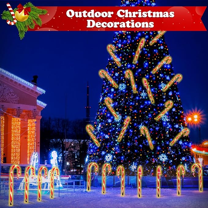 12 Pack Christmas Candy Cane Lights Outdoor Solar Pathway Lights Christmas Decorations Waterproof Driveway Walkway Markers Yard Garden Home Xmas Decor, 2-in-1 Rechargeable Solar Power-BloomoryGarden