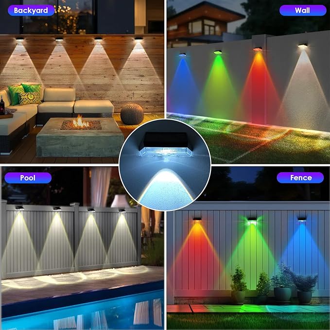 12PK Solar Fence Lights Outdoor - 3000/4000/6000K&RGB 6 Color, Dusk to Dawn Fence Lights Solar Powered, IP65 Waterproof Solar Light Outdoor for Backyard/Railing/Step/Patio/Wall-BloomoryGarden