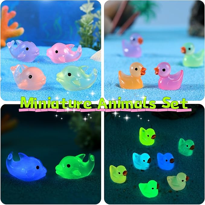 148Pcs Luminous Mini Resin Animals, Tiny Ducks Glow in The Dark Dolphins Dinosaurs Mushrooms 4 Combination Resin Set, Miniature Figures for Garden Decoration Aquarium Home Party Decor-BloomoryGarden