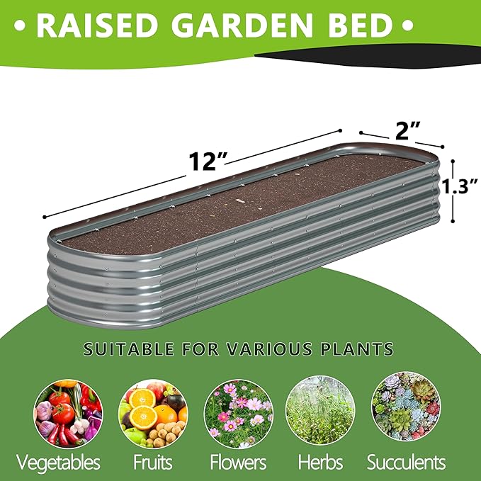 12x2x1.3 Oval Galvanized Raised Garden Bed,Outdoor Planter Box Metal Patio Kit Planting Bed for Vegetables Flowers and Succulents-BloomoryGarden