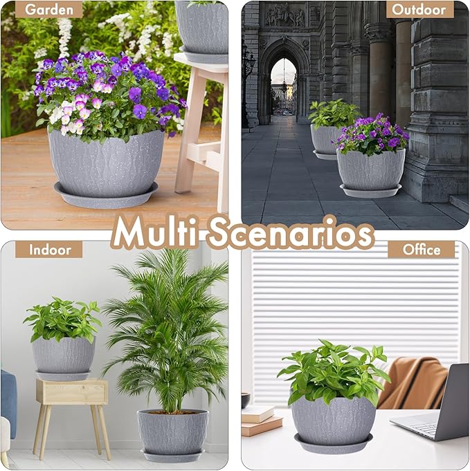 12 Inch Wide Water Ripples Flower Pots for Indoor or Outdoor Plants, Large Plant Pots with Drainage Holes & Saucer, Plastic Planters Set for Garden & Home Decor (Grey with White Speckles)-BloomoryGarden