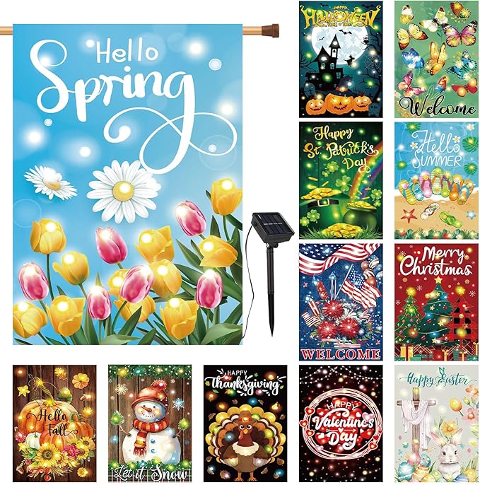12 Pcs Solar Seasonal LED Garden Flags 28 x 40 Inch Double Sided Yard Flags Spring Easter Halloween Fall Thanksgiving Day Decorations Welcome Garden Flag Lawn Yard Outdoor Holiday Decoration-BloomoryGarden