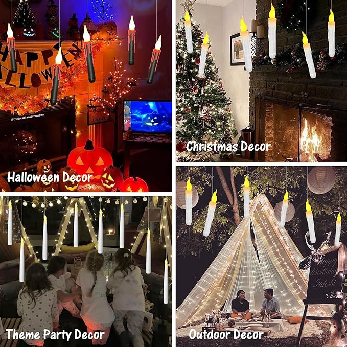 12pcs Floating Candles with Wand, Magic Hanging Candles, Flameless Candles with Magic Wand Remote, Battery Operated Hanging Window Candle, 6.1" LED Electric Candles for Christmas Halloween Decorations-BloomoryGarden