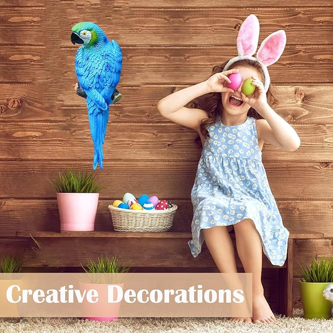 12inch Blue Parrot Tiki Bar Statue for Pool Decorations, Outdoor Parrot Deck Decor, Resin Plastic Parrot Sculpture for Porch, Life Size Tropical Birds for Yard, Tree Faces Animals(Blue)-BloomoryGarden