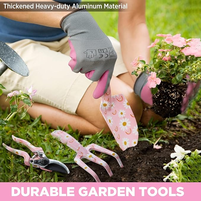 WORKPRO 5PCS Garden Tool Set, Aluminum Heavy Duty Gardening Tool Set with Garden Tool Bag, Outdoor Garden Hand Tools, Pink, Garden Gifts-BloomoryGarden