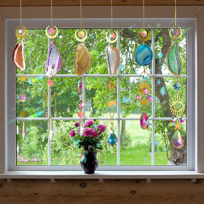 Maitys 6 Pcs 6 Pcs Crystal Suncatcher Sun Catchers Indoor Window Hanging Sun Catchers with Light Catcher with Prisms and Agate Slices for Indoor Outdoor Home Garden Wedding Decor (Colorful Crystal)-BloomoryGarden