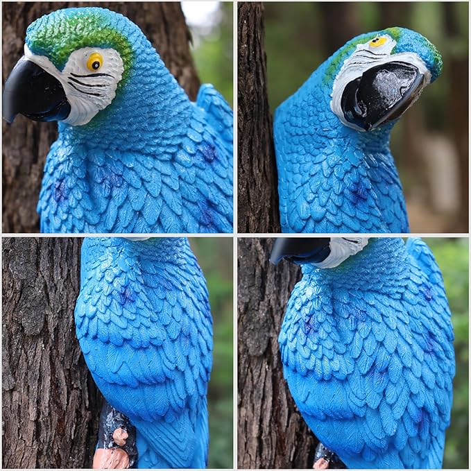 12inch Blue Parrot Tiki Bar Statue for Pool Decorations, Outdoor Parrot Deck Decor, Resin Plastic Parrot Sculpture for Porch, Life Size Tropical Birds for Yard, Tree Faces Animals(Blue)-BloomoryGarden