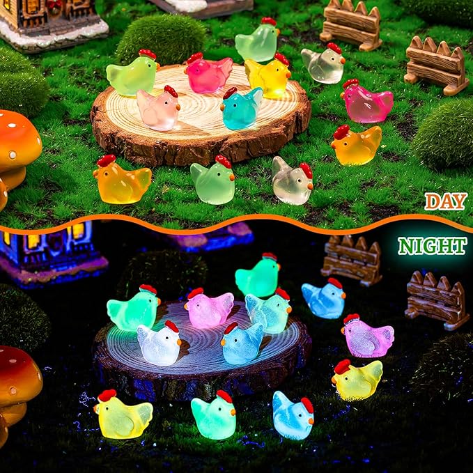 128PCS Luminous Mini Resin Chickens Miniature Animals, Tiny Chickens Miniature Figurines Glow in The Dark for Micro Garden, Potted Plant, DIY, Home Outdoor Party Decor (8 Colors)-BloomoryGarden