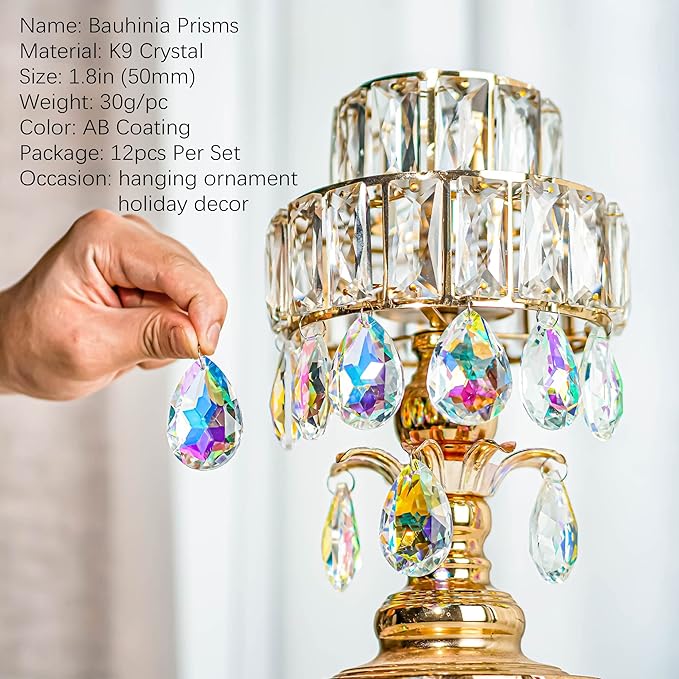12 Pieces 50mm Crystal Prisms Chandelier Colorful Bauhinia Ornament Pendants Rainbow Maker Hanging Prisms for Wedding Party Tree Garlands Decoration DIY Jewelry-BloomoryGarden