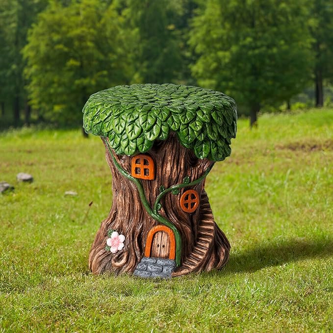 13''H Fairy House Statue Outdoor Statues Garden Resin Stool Over-Sized Sculpture Forest Pedestal Spring Decor for Home Courtyard Lawn Patio Summer Ornament Indoor Stool-BloomoryGarden