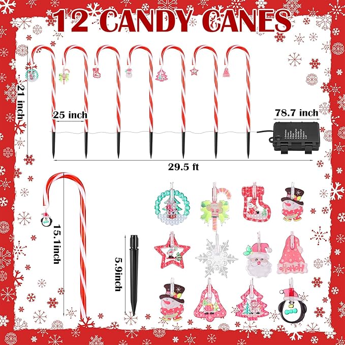 12 Pcs Christmas Candy Cane Lights Outdoor Christmas Decorations Battery Operated Candy Cane Pathway Markers Light 84 LED Candy Cane Stake Waterproof with 8 Modes for Yard Garden Lawn Tree Decor-BloomoryGarden