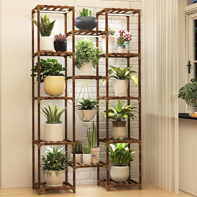 HOMKIRT Plant Stand with Grow Light for Indoor Plants, 13 Tier Large Outdoor Plant Shelf, 63" Tall Plant Rack Holder Flower Stand for Patio, Porch, Living Room Garden Plant Display Boho Decor