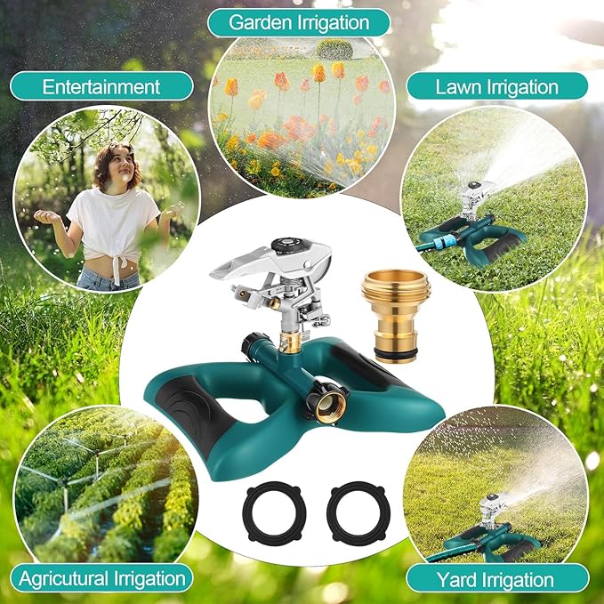 1 Packs Lawn Impact Sprinkler Heavy Duty Rotating Adjustable Pulsating Water Sprinkler Head with Metal Base, Adjustable Spraying Area and Distance for Large Area Garden Lawn Yard Irrigation-BloomoryGarden