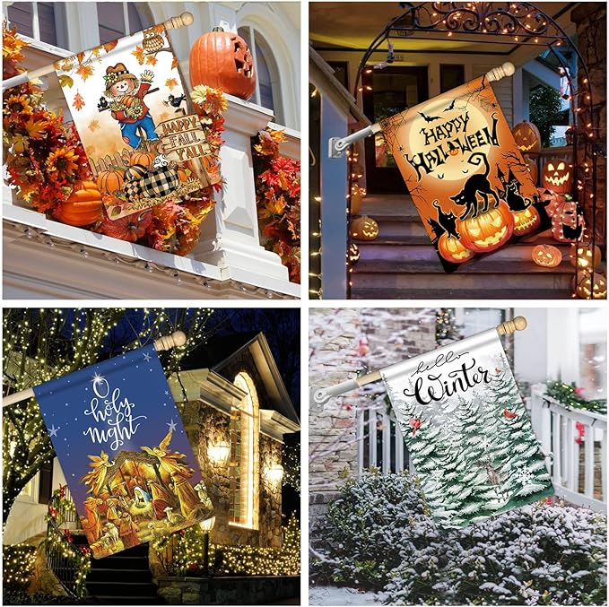 12 Pcs Seasonal House Flags 28x40 Double Sided Seasonal Large Garden Flags for All Seasons Set of 12 Spring Easter Valentine Halloween Christmas Holiday Yard Decoration, Welcome Outdoor Decor 28x40 In-BloomoryGarden