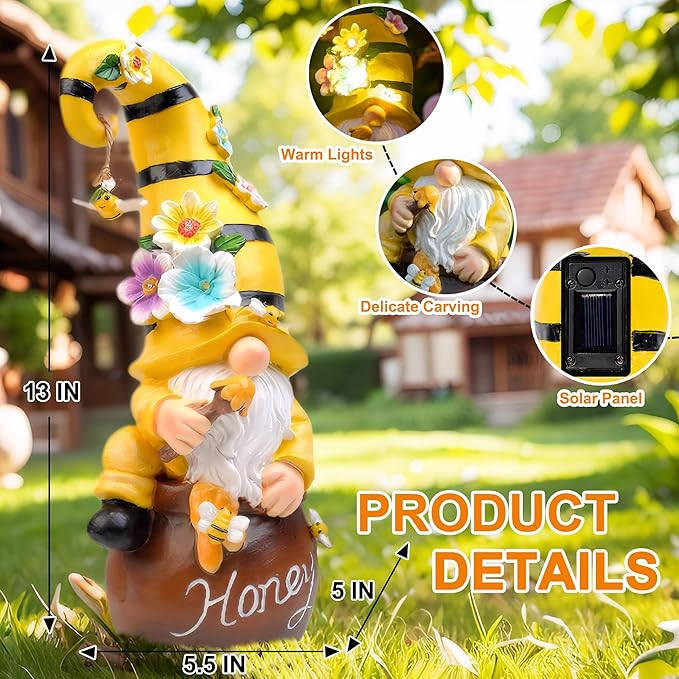 13" Garden Solar Spring Gnomes Statues Outdoor Spring Decor with LED Lighted Bee and Flowers Funny Garden Sculpture for Patio Yard Lawn Decorations Gifts-BloomoryGarden