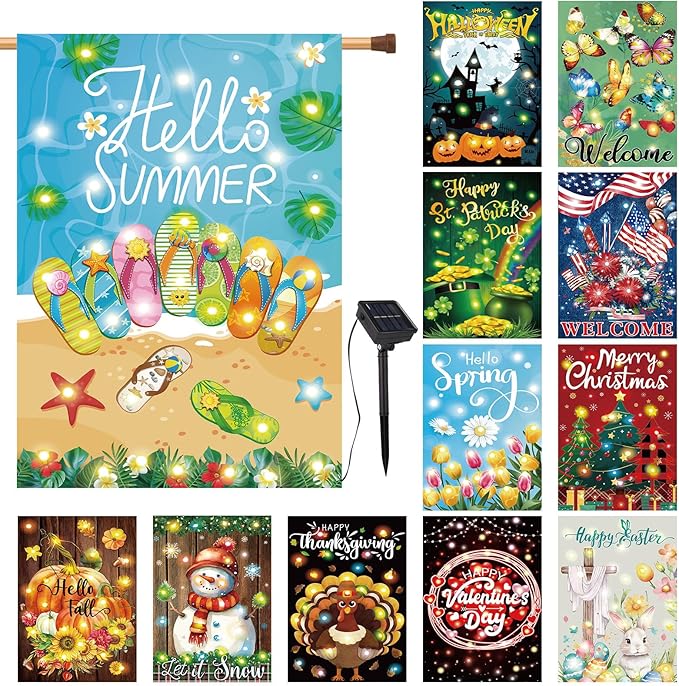 12 Pcs Solar Seasonal LED Garden Flags 28 x 40 Inch Double Sided Yard Flags Spring Easter Halloween Fall Thanksgiving Day Decorations Welcome Garden Flag Lawn Yard Outdoor Holiday Decoration-BloomoryGarden
