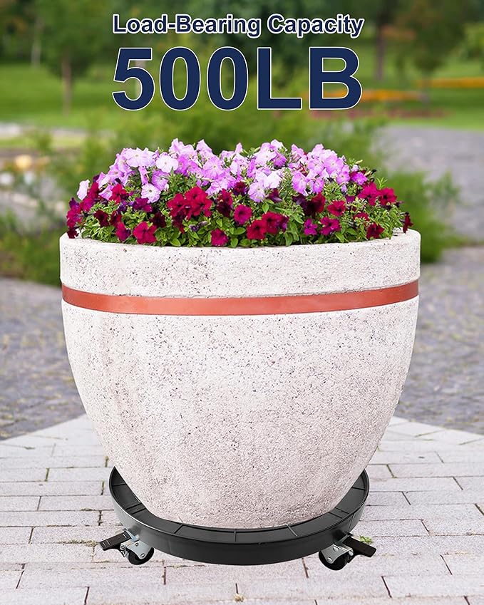 16 Inch Plant Caddy with Wheels Outdoor Indoor 2 Pack, Large Rolling Plant Stand for 500lb Heavy Duty Flower Pots, Round Plant Rollers Lockable Potted Planter Dolly, Black-BloomoryGarden