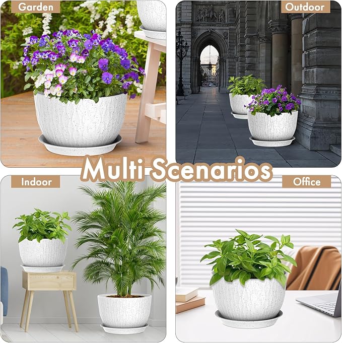 12 Inch Wide Water Ripples Flower Pots for Indoor or Outdoor Plants, Large Plant Pots with Drainage Holes & Saucer, Plastic Planters Set for Garden & Home Decor (White with Black Speckles)-BloomoryGarden