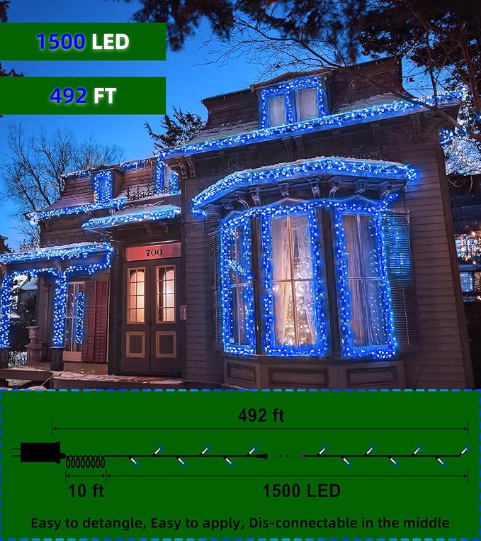 1500 LED Super Long Christmas String Lights, 492FT, Blue, Indoor/Outdoor, LED, Waterproof, Christmas, Holidays-BloomoryGarden