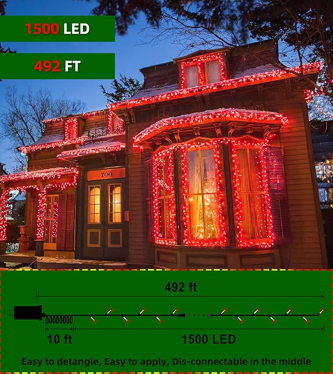 1500 LED Chrstmas String Lights, 492FT Super Long Christmas Lights with 8 Modes, Christmas Tree Lights with Timer Memory for Indoor Outdoor Tree Fence Garden Xmas Wedding Party Decor Red-BloomoryGarden