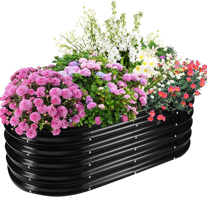 17" Tall Elevated Oval Metal Raised Garden Bed - 4ft x 2ft in Size and 0.8MM Thick Durable Planter Bed/Box for Vegetables Flowers Succulent at Patio/Garden Outdoor (Black, 4X2X1.4 FT)-BloomoryGarden