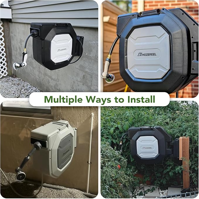 135 ft x 1/2" HOZEREEL Heavy Duty Retractable Garden Hose Reel, Garden Hose Reels Outdoor Organizer- Self Retracting Wall Mount Hose Reel Automatic Recoil Storage, Any Length Lock, 10 Pattern Nozzle-BloomoryGarden