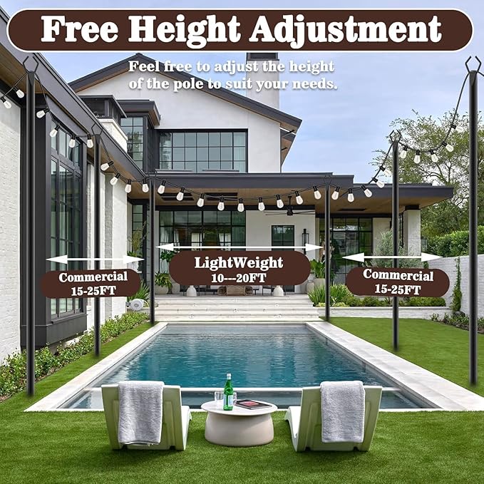 10Ft String Light Poles 6 Pack,Light Poles for Outside Lights,Outdoor with Fence Brackets Hanging Lights,Metal Stand Deck Patio Backyard-BloomoryGarden