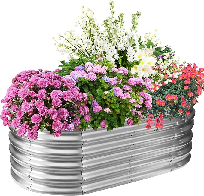 17" Tall Elevated Oval Metal Raised Garden Bed - 4ft x 2ft in Size and 0.8MM Thick Durable Planter Bed/Box for Vegetables Flowers Succulent at Patio/Garden Outdoor (Silver, 4X2X1.4 FT)-BloomoryGarden