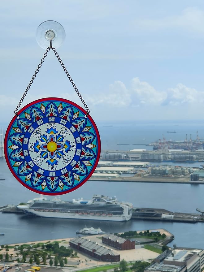 Mandala Suncatcher Stained Glass - Handmade Gifts for Women, Suncatchers for Windows - Window Hangings with Chain and Hook, 6 inch Stained Glass Suncatcher for Mom-BloomoryGarden
