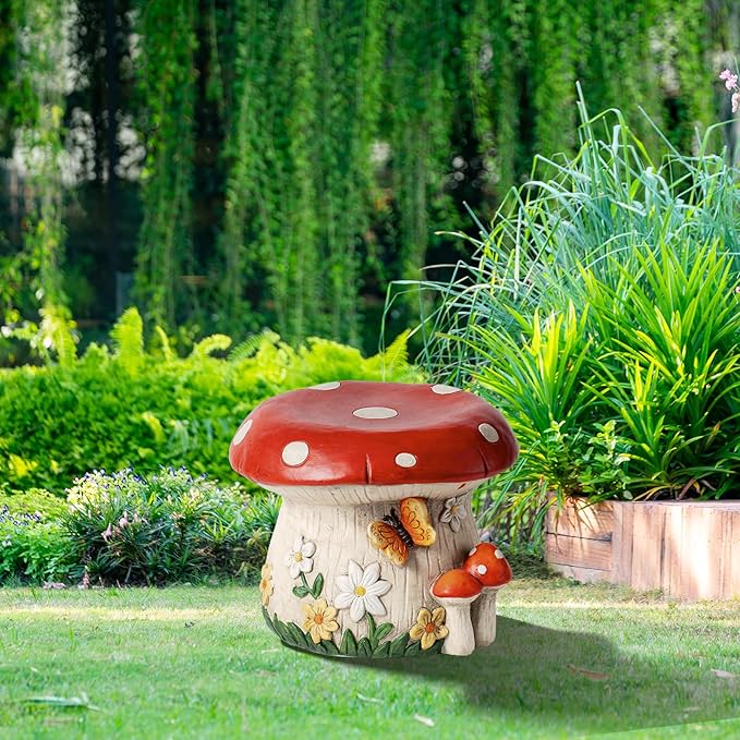 14''W Mushroom House Statue Outdoor Statues Garden Resin Stool Over-Sized Sculpture Forest Pedestal Spring Decor for Home Courtyard Lawn Patio Summer Ornament Indoor Stool-BloomoryGarden