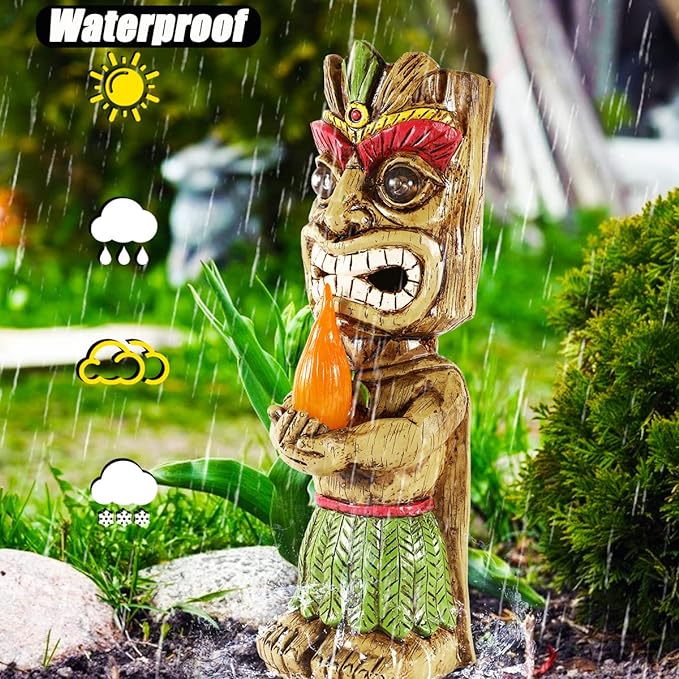 13" Tall Solar Torch Tiki Garden Statue, Resin Large Tiki Decor Figurine with Solar Lights, Hawaiian Tiki Man, Outdoor Patio Yard Lawn Bar Party Beach Pool Pond Decoration, Valentine's Day Gift-BloomoryGarden