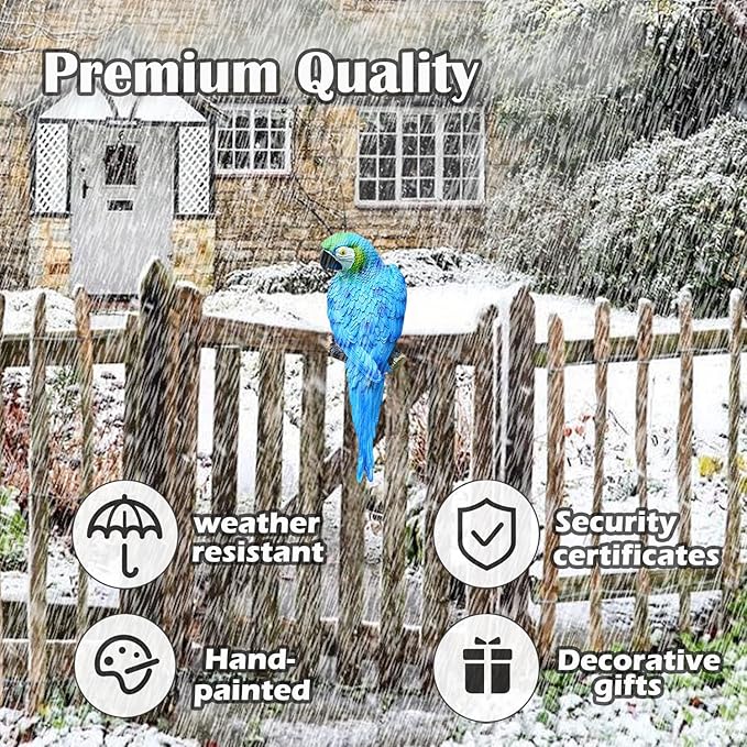 12inch Blue Parrot Tiki Bar Statue for Pool Decorations, Outdoor Parrot Deck Decor, Resin Plastic Parrot Sculpture for Porch, Life Size Tropical Birds for Yard, Tree Faces Animals(Blue)-BloomoryGarden
