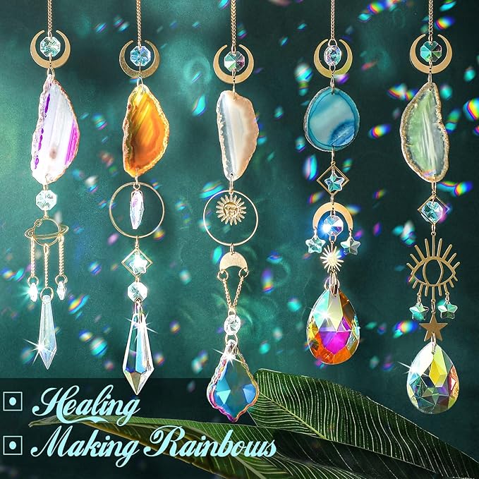 Maitys 6 Pcs 6 Pcs Crystal Suncatcher Sun Catchers Indoor Window Hanging Sun Catchers with Light Catcher with Prisms and Agate Slices for Indoor Outdoor Home Garden Wedding Decor (Colorful Crystal)-BloomoryGarden