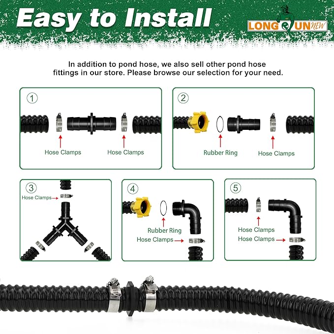 1" Dia. Corrugated Pond Tubing 1-Inch ID, 20.6 FT Length, Black PVC Kinkproof Strong Flex Tubing with Pipe Fittings, Aquarium, Pond Waterfall, Garden Pond Pump Drainage Tube-BloomoryGarden