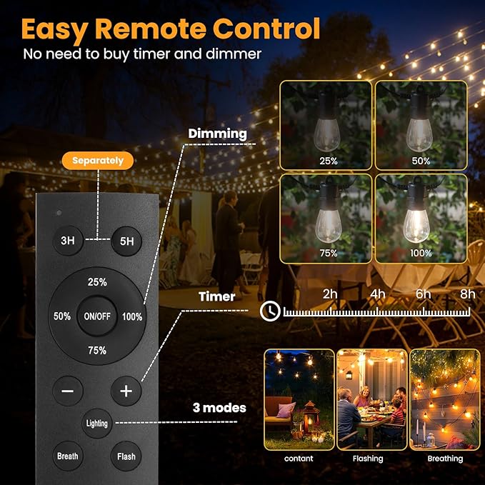 104FT(98+6) Solar String Lights Outdoor Waterproof, Solar Powered Patio Light with 30+2 Dimmable S14 Edison Bulbs Shatterproof & Remote Control, Solar String Lights for Outside Garden Backyard-BloomoryGarden