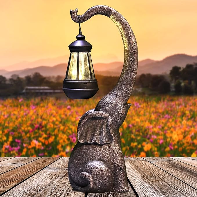 15" Outdoor Sculpture Figurine Statue Elephant Decorations Solar Garden Statues for Patio Home Yard Decor Good Luck Garden Elephant Birthday Gifts for Woman, Mom Family-BloomoryGarden