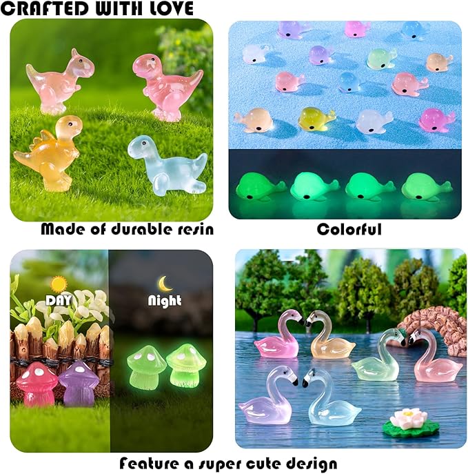 150pcs Mini Resin Animals Figures to Hide Luminous Tiny Animals Ducks Dinosaurs Flamingos Miniature Figurines Glow in the Dark for Fairy Garden Dollhouse Landscape Aquarium Potted Party Favor Decor-BloomoryGarden