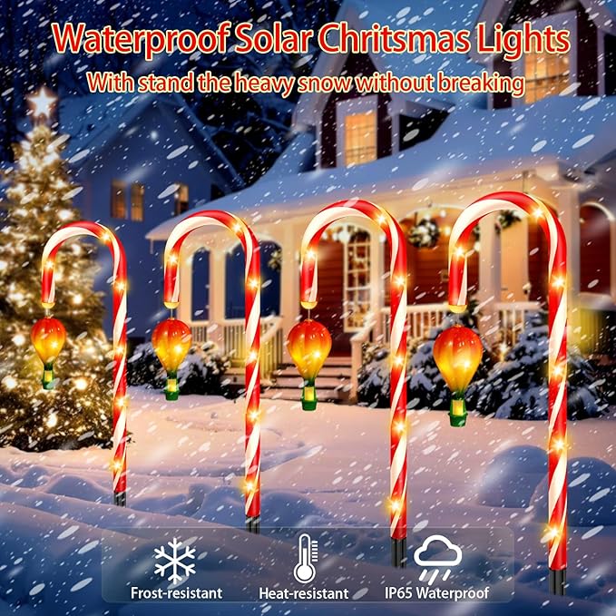 12 Pack Outdoor Solar Christmas Decorations, 180 Bright LED Solar Candy Cane Christmas Lights 8 Lighting Modes, Waterproof Outside Xmas Decorations with Lantern Decor Lights for Pathway Yard Garden-BloomoryGarden