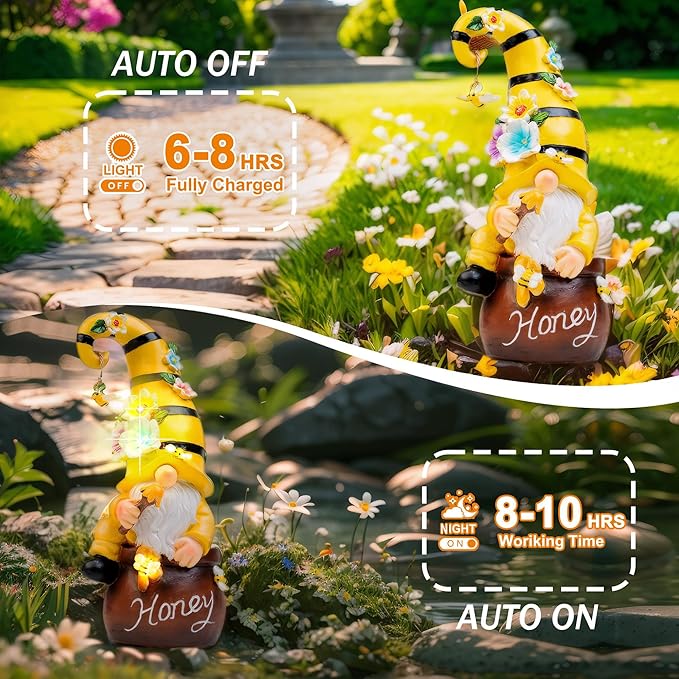 13" Garden Solar Spring Gnomes Statues Outdoor Spring Decor with LED Lighted Bee and Flowers Funny Garden Sculpture for Patio Yard Lawn Decorations Gifts-BloomoryGarden