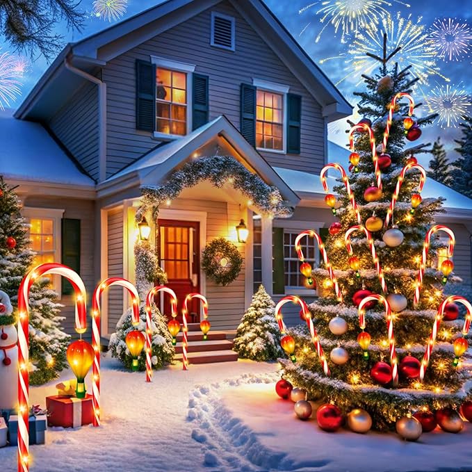 12 Pack Outdoor Solar Christmas Decorations, 180 Bright LED Solar Candy Cane Christmas Lights 8 Lighting Modes, Waterproof Outside Xmas Decorations with Lantern Decor Lights for Pathway Yard Garden-BloomoryGarden