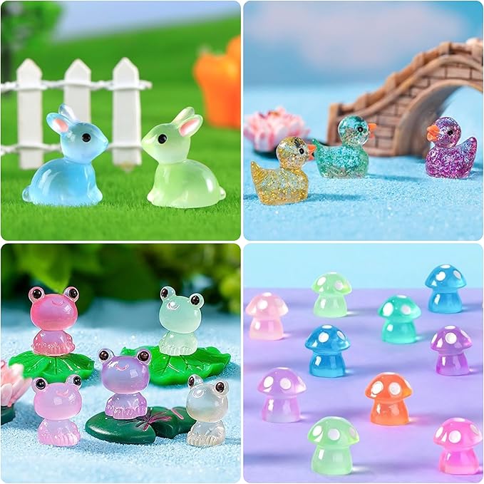 122Pcs Luminous Mini Resin Animal Figurines Glow in The Dark Cute Rabbits Frogs Mushrooms Glitter Ducks 4 Combination Miniature Figurines Set for Office Garden Decoration Aquarium Home Party Decor-BloomoryGarden