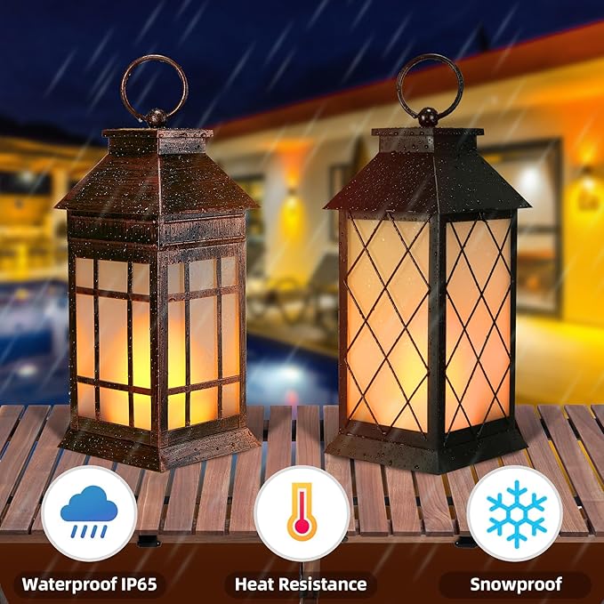 18" Glass Solar Lanterns Outdoor Waterproof, Large Solar Flickering Flame Lantern, Outdoor Lantern Decorative Metal Solar Garden Light for Patio Garden Backyard Outside Tabletop Decor(Vintage Copper)-BloomoryGarden