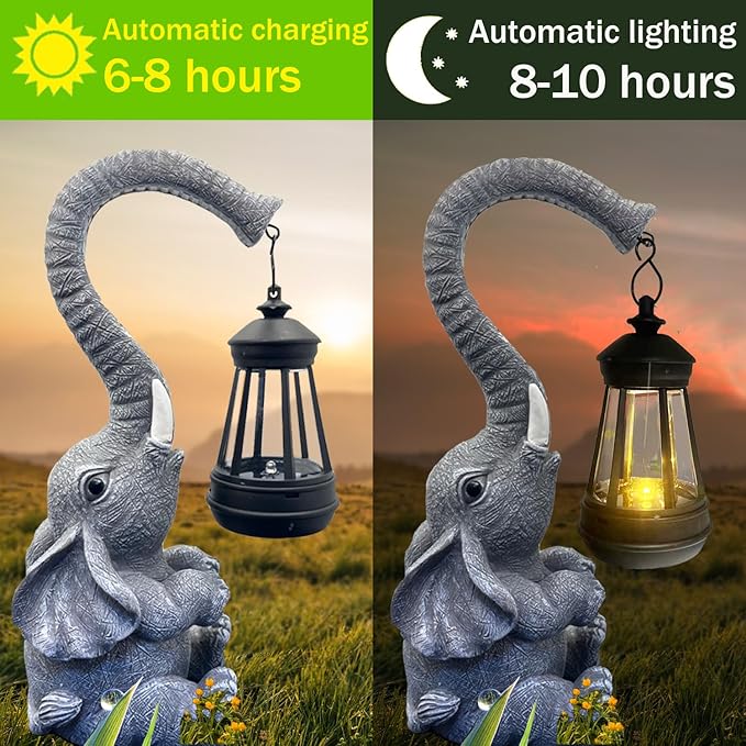 10.6 Inch Statue Elephant with Solar Outdoor Lights for Garden Decor,Lucky Present with Appeal for Birthdays(Man and Women and Family),Unique Housewarming Presents and Yard Decor. (Gray)-BloomoryGarden