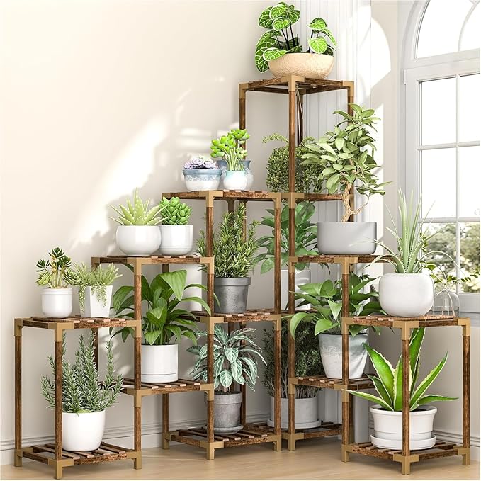 HOMKIRT Corner Plant Stand Indoor Outdoor for Multiple Plants, Large Tall Plant Shelf Rack Table Holder with Hanging Space Flower Stand for Patio Porch Balcony Garden Boho Decor